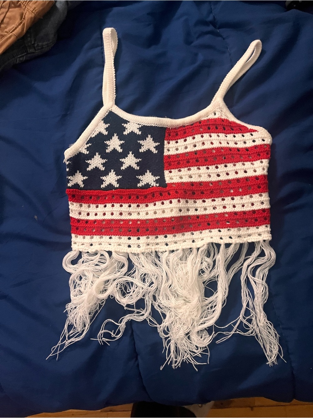 American Flag Crochet Fringe Crop Top - Red White Blue